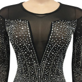 Women Spring Black Vintage O-Neck Full Sleeves Solid Mesh Diamonds Evening Dress