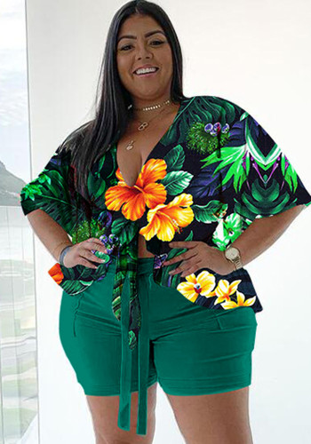 Women Summer Green Casual V-neck Half Sleeves High Waist Floral Print Belted Regular Plus Size Two Piece Short Set