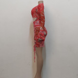 Mini abito aderente con volant stampati a maniche lunghe con scollo a V rosso estivo da donna