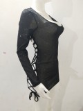 Women Summer Black Sexy O-Neck Long Sleeve Solid Sequined Mini Sheath Club Dress
