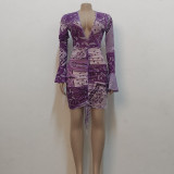 Women Summer Purple Sweet V-neck Full Sleeves Printed Ruffles Mini Bodycon Dress