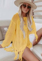 Women Summer Yellow Full Sleeves Crochet Fringed Cover-Up