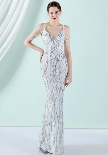 Women Summer White Vintage Strap Sleeveless Striped Print Metallic Sequined Mermaid Evening Dress