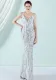 Women Summer White Vintage Strap Sleeveless Striped Print Metallic Sequined Mermaid Evening Dress
