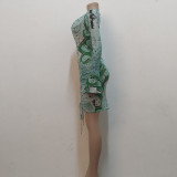 Mini abito aderente con volant stampati a maniche lunghe con scollo a V verde estivo da donna