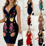 Women Summer Red Vintage V-neck Sleeveless Solid Sequined Mini Pencil Club Dress