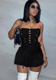 Women Summer Black Streetwear Strapless Sleeveless Solid Lace Up Mini A-line Club Dress