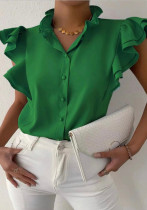Camisa regular de volantes en cascada sólida de cuello alto formal verde de verano para mujer