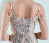 Women Summer Nude Vintage Strap Sleeveless Striped Print Metallic Beading Mermaid Evening Dress