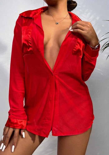 Kadın Bahar Kırmızı Saten Cepler Tek Parça Seksi Pijama