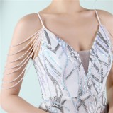 Women Summer White Vintage Strap Sleeveless Striped Print Metallic Sequined Mermaid Evening Dress
