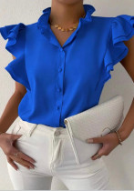 Camicia regolare da donna con volant a cascata a collo alto formale blu estivo
