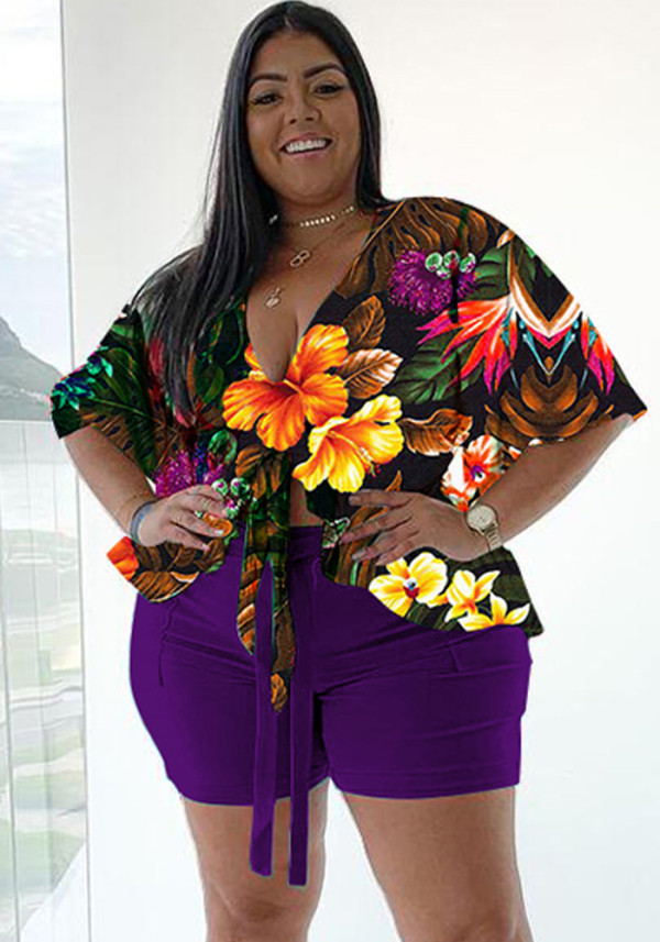 Women Summer Purple Casual V-neck Half Sleeves High Waist Floral Print Belted Regular Plus Size Two Piece Short Set