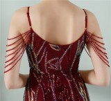 Women Summer Red Vintage Strap Sleeveless Striped Print Metallic Sequined Mermaid Evening Dress
