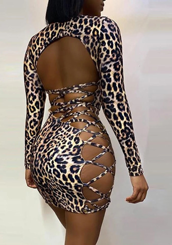 Frauen Frühling gedruckt sexy O-Ausschnitt Langarm Leopardenmuster Lace Up Mini Etui Club Kleid
