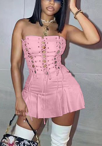 Women Summer Pink Streetwear Strapless Sleeveless Solid Hole Mini A-line Club Dress