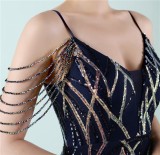 Women Summer Blue Vintage Strap Sleeveless Striped Print Metallic Beading Mermaid Evening Dress