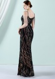 Women Summer Black Vintage Strap Sleeveless Striped Print Metallic Sequined Mermaid Evening Dress