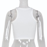Women Summer White Streetwear O-Neck Solid Crop Top