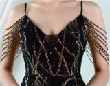 Women Summer Black Vintage Strap Sleeveless Striped Print Metallic Sequined Mermaid Evening Dress