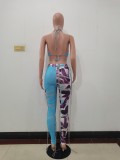 Set di pantaloni e top con lacci con stampa floreale senza schienale blu da donna