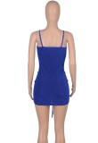 Women Summer Blue Sexy V-neck Sleeveless Solid Pleated Mini Sheath Club Dress