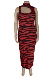 Women Summer Red Sexy Turtleneck Sleeveless Striped Print Hollow Out Maxi Pencil Plus Size Long Dress