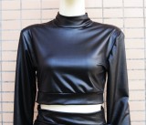Women Spring Black Modest Turtleneck Full Sleeves High Waist Solid PU Leather Skinny MiniTwo Piece Skirt Set