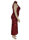 Women Summer Red Sexy Turtleneck Sleeveless Striped Print Hollow Out Maxi Pencil Plus Size Long Dress