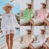 Women Summer White Full Sleeves Crochet Fringed Cover-Up