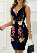 Damen-Sommer-bedrucktes, bescheidenes V-Ausschnitt, ärmelloses Blumendruck-Mini-Bleistift-Club-Kleid