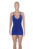Women Summer Blue Sexy V-neck Sleeveless Solid Pleated Mini Sheath Club Dress