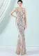 Women Summer Gold Vintage Strap Sleeveless Striped Print Metallic Sequined Mermaid Evening Dress