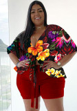 Women Summer Red Casual V-neck Half Sleeves High Waist Floral Print Belted Regular Plus Size Two Piece Short Set