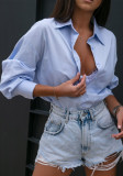 Women Spring Blue Modest Turn-down Collar Full Sleeves Solid Regular Shirt