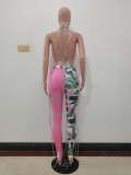 Set da donna e pantaloni con lacci e stampa floreale rosa con scollo all'americana senza schienale