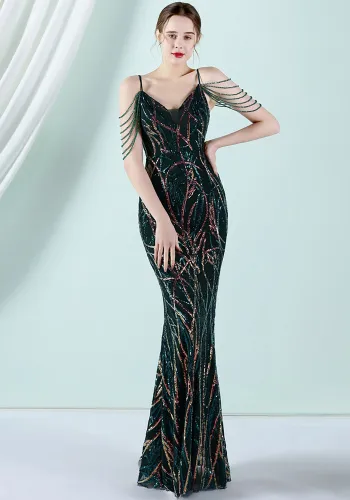 Women Summer Green Vintage Strap Sleeveless Striped Print Metallic Beading Mermaid Evening Dress