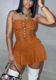Women Summer Orange Streetwear Strapless Sleeveless Solid Hole Mini A-line Club Dress