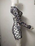 Women Spring Printed Sexy O-Neck Long Sleeve Leopard Print Lace Up Mini Sheath Club Dress