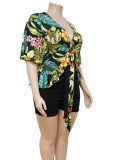 Women Summer Black Casual V-neck Half Sleeves High Waist Floral Print Belted Regular Plus Size Two Piece Short Set