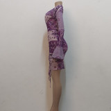 Mini abito aderente con volant stampati a maniche lunghe con scollo a V viola dolce estivo da donna