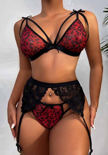 Conjunto de lencería de liga con estampado de leopardo sexy rojo de verano para mujer