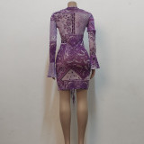 Women Summer Purple Sweet V-neck Full Sleeves Printed Ruffles Mini Bodycon Dress