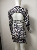 Women Spring Printed Sexy O-Neck Long Sleeve Leopard Print Lace Up Mini Sheath Club Dress