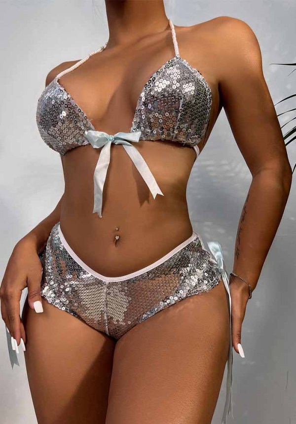 Women Summer Silver Romantic Solid Sequined Sexy Bra Set