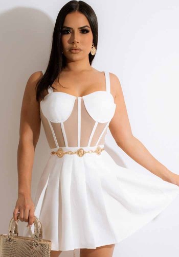 Kadın Yaz Beyaz Tatlı Halter Kolsuz Katı Dantel Mini Patenci Elbise