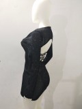 Women Summer Black Sexy O-Neck Long Sleeve Solid Sequined Mini Sheath Club Dress
