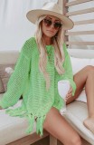 Women Summer Green Full Sleeves Crochet Fringed Cover-Up