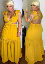 Mujer Verano Amarillo Casual Escote en V Sólido Volantes en cascada Maxi A-line Vestido informal de talla grande