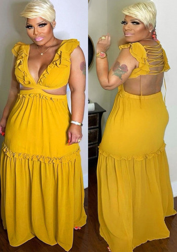 Frauen Sommer Gelb Casual V-Ausschnitt Solid Cascading Rüschen Maxi A-Linie Plus Size Casual Dress